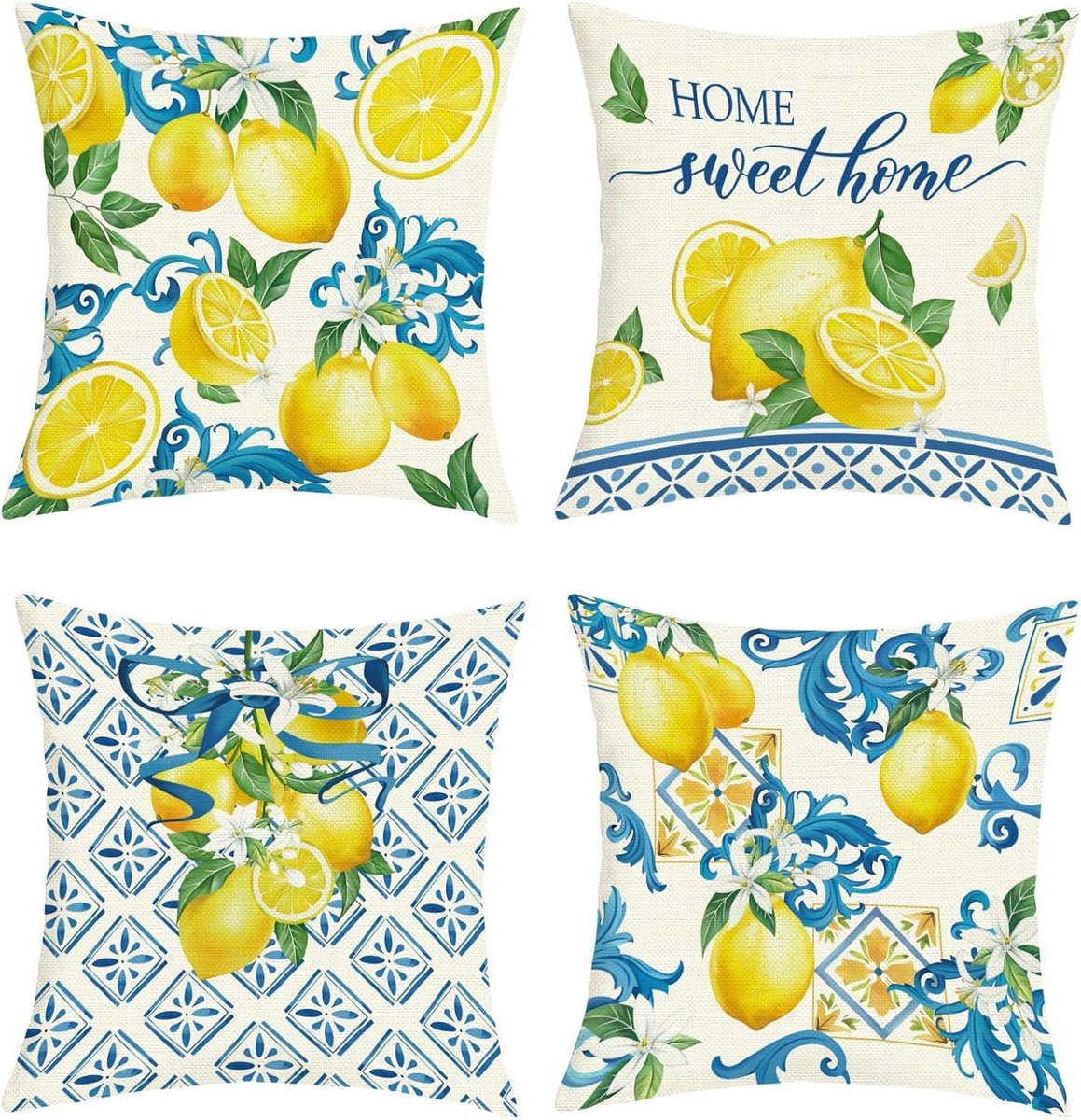 Cushion Covers in Lemon Yellow en Mediterranean Blue, Set van 4, 40 x 40 cm, Perfect voor Woondecoratie en Comfort