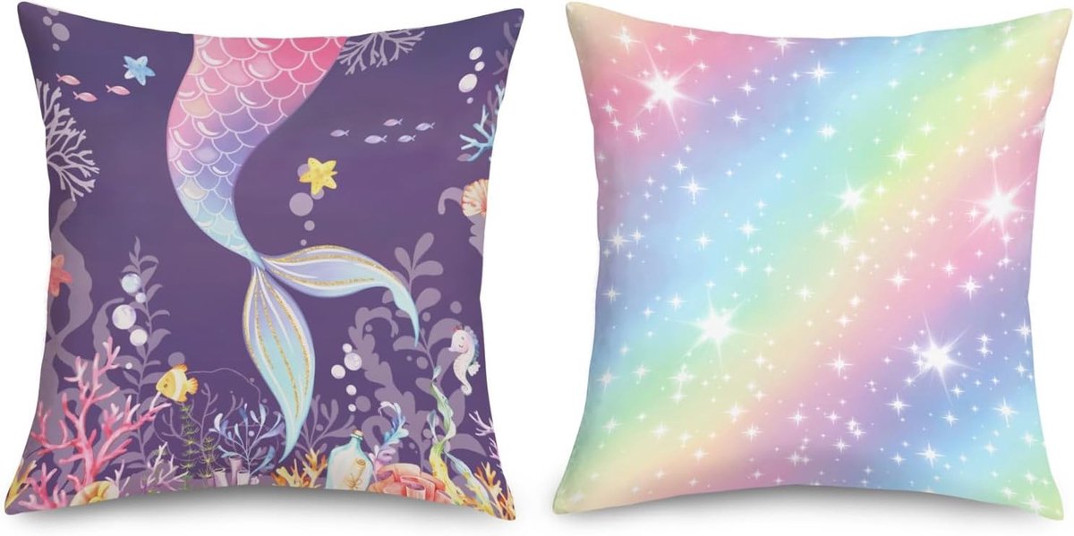 Decoratieve zeemeermin kussenhoezen in regenboogkleuren, 45 x 45 cm, met onzichtbare rits en trendy oceaan thema