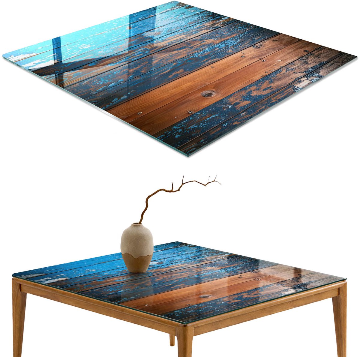 ArtPrintCave Rustiek hout Glazen Tafelblad 60x60 cm - Tafelblad Rechthoek - Blauw Keukentafel - Texturen Tafelblad Glas