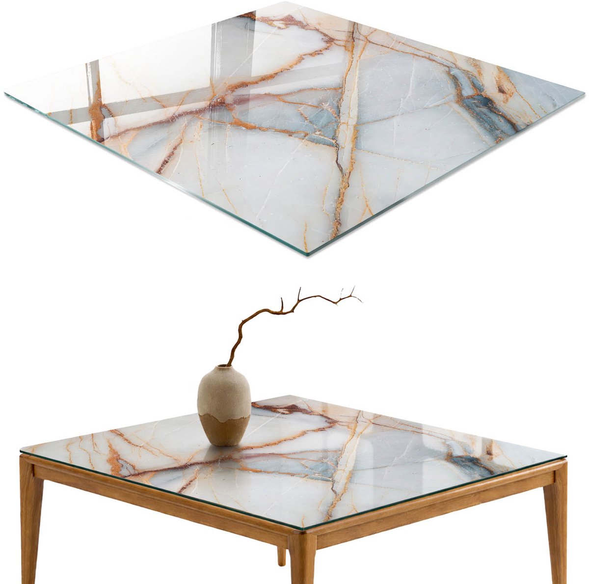 ArtPrintCave Marmeren elegantie Glazen Tafelblad 60x60 cm - Tafelblad Rechthoek - Beige Eettafel Met Glasplaat - Texturen Tafelblad Glas