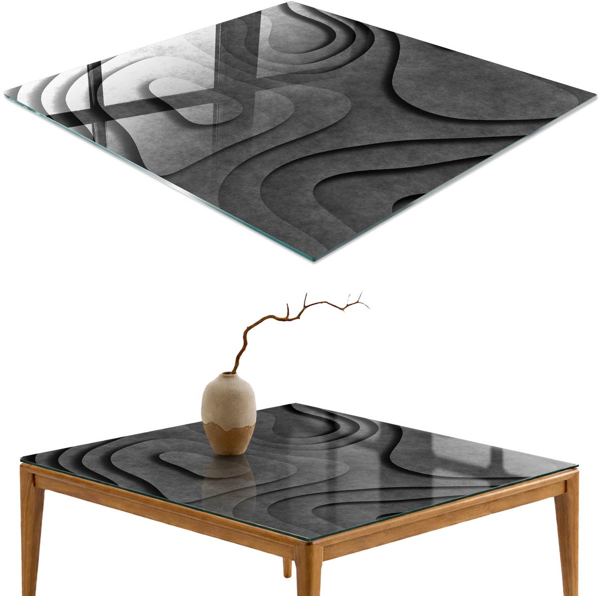 ArtPrintCave Grijze golven Glazen Tafelblad 60x60 cm - Tafelblad Rechthoek - Zwart Glazen Eettafel - Abstractie Bureaublad