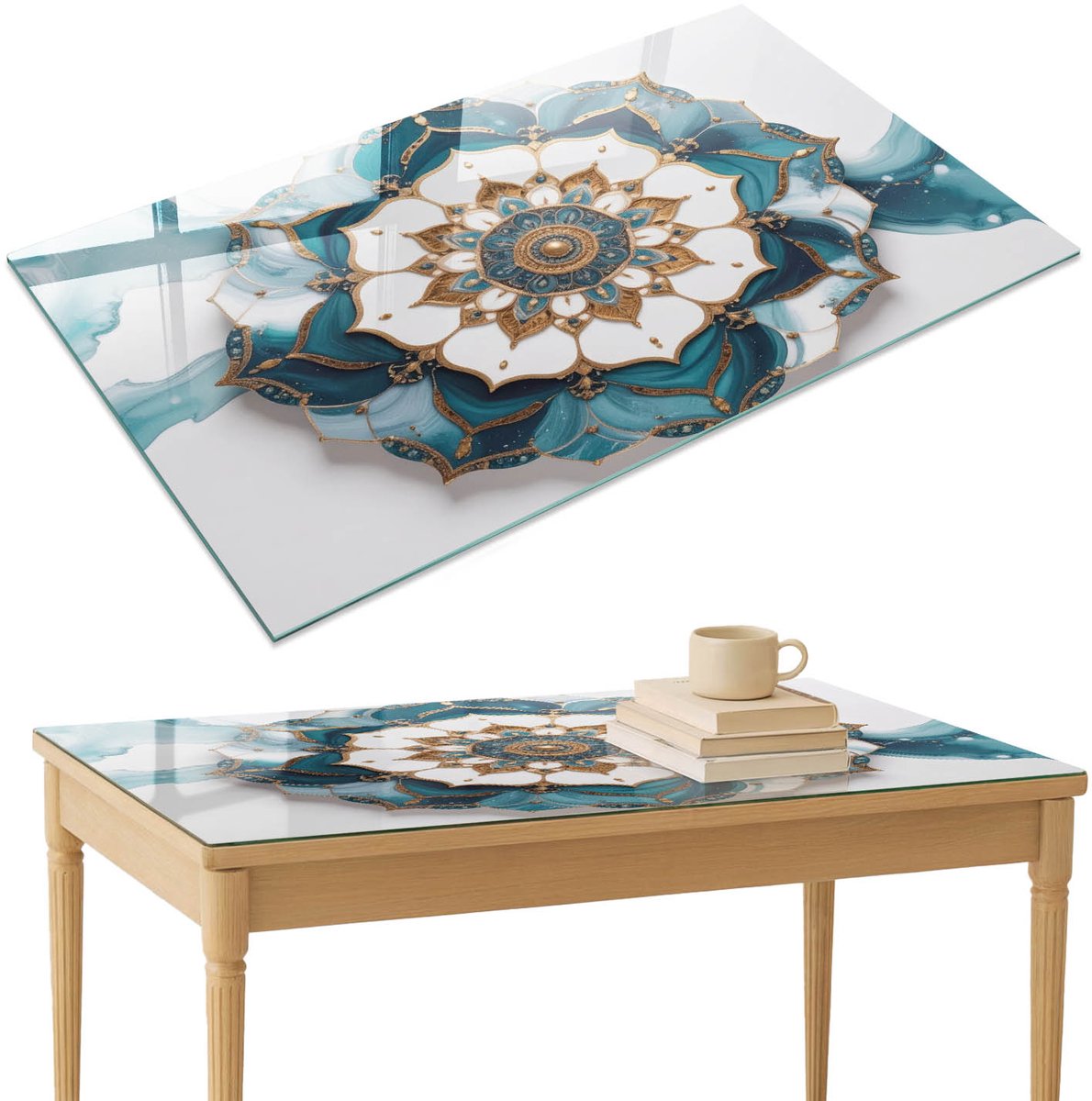 ArtPrintCave Mandala-elegantie Glazen Tafelblad 120x80 cm - Tafelblad Rechthoek - Turkoois Bureaublad - Abstractie Glasplaat