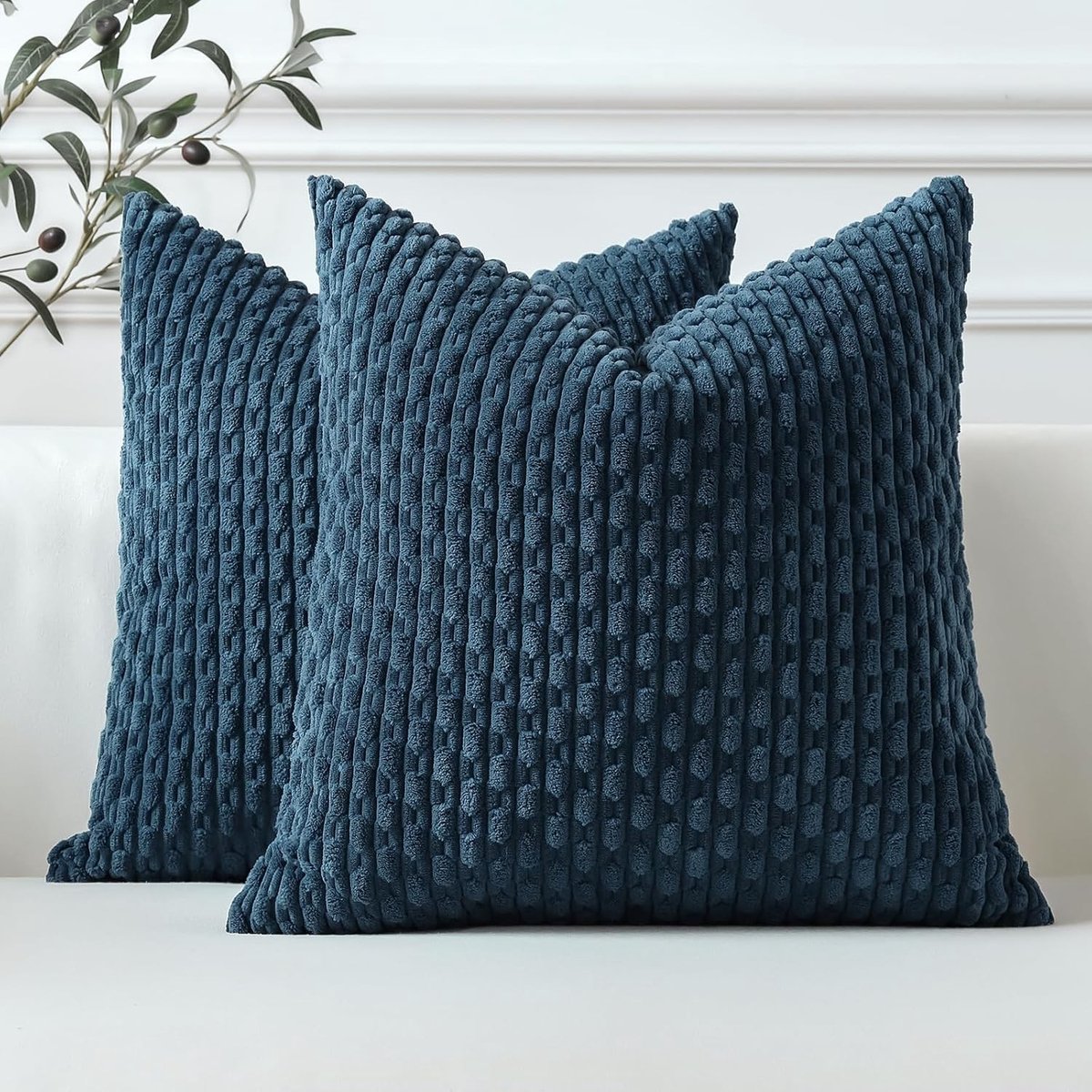Set van 2 Blauwe Zachte Corduroy Decoratieve Kussenslopen voor Boho Interieur, Sofa en Woonkamer - 40x40cm Kussenslopen voor Landelijke Decoratie