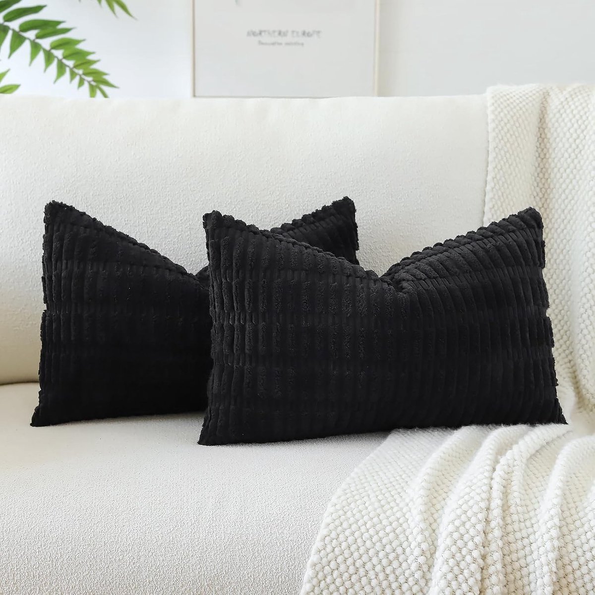 Set van 2 Zachte Corduroy Kussenhoezen, Moderne Decoratieve Kussens voor Bank en Slaapkamer, 40 x 60 cm, Zwart, Ideaal voor Woonkamer en Interieurstyling