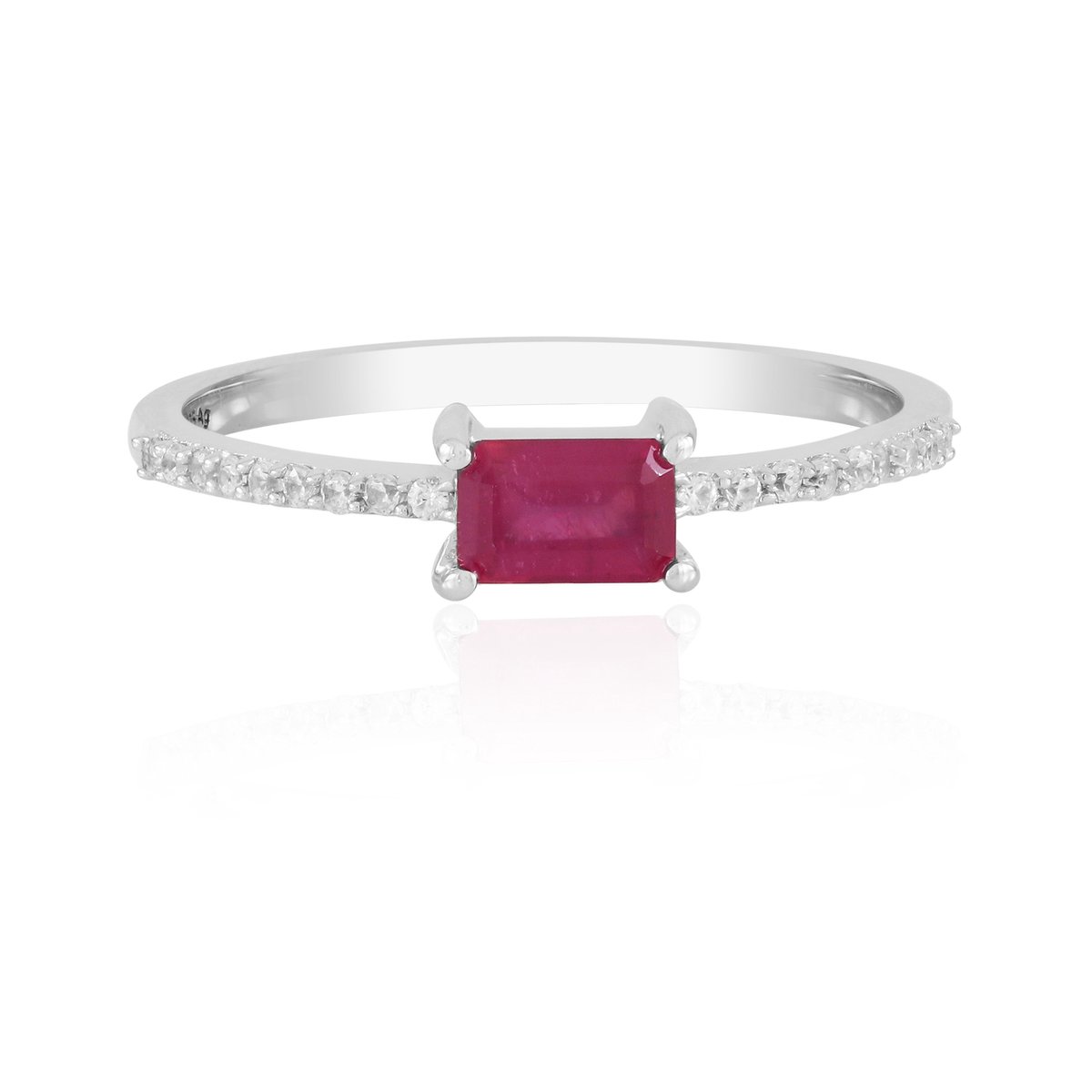 Cavill - Zilveren ring 925 Sterling Gerhodineerd - 0,729ct Madagaskar Robijn - 18 Tanzaanse Zirkonia's - Elegante Achthoekige Dames Ring