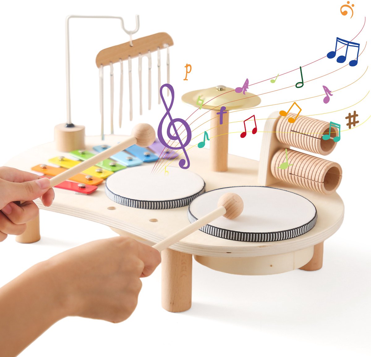 Montessori Speelgoed - Kinderdrumstel, muziekinstrument voor peuters, houten xylofoon voor peuters met drumstel en windgong.