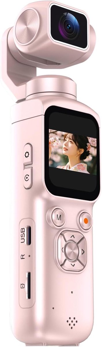 Zak 4K actiecamera 75MP | 1-as 330° lens, gezichtsvolging, snelle AF, 1,72" touchscreen, wifi naar telefoon. Draagbare vlogcamera, 2400mAh accu, compact voor reizen & buiten, roze