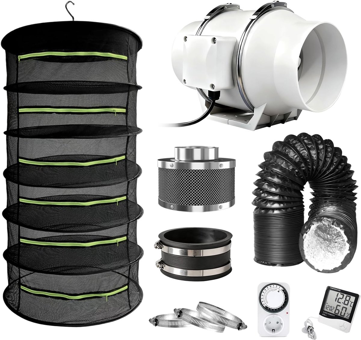 SnelShoppen - Grow Droogbox set Buisventilator 100 mm - Ventilatieset voor Kweektent met Actieve Koolfilter en 3 m PVC-afvoerslang - 6-laags Droognet