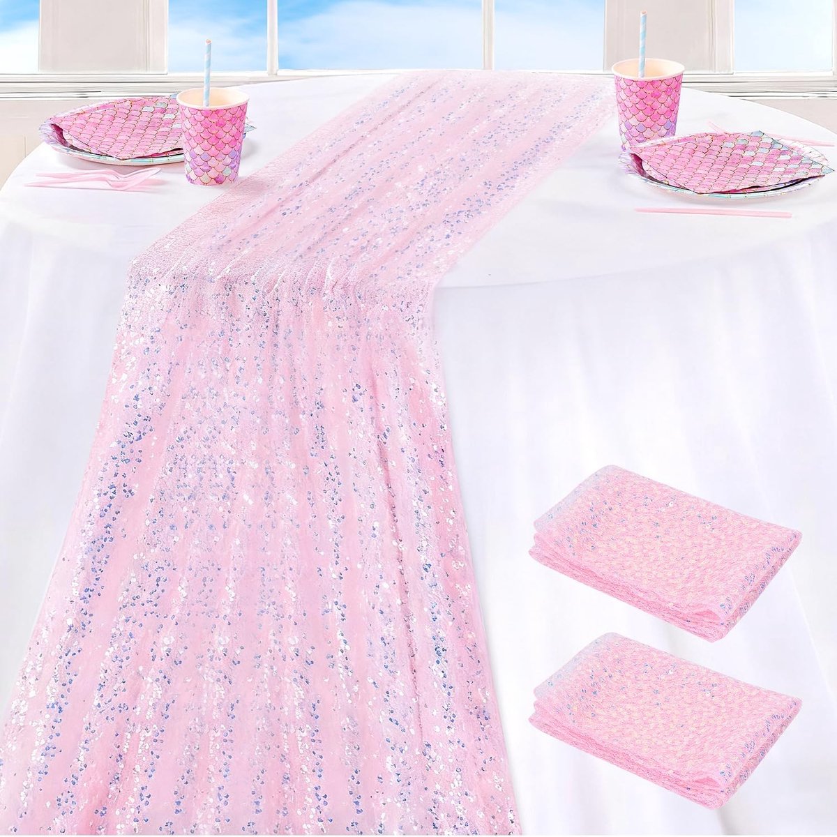 Niuny Tafelloper, roze, zeemeermin, 2 stuks pailletten, stof, 30 x 275 cm, tafelloper, glitter voor feest, decoratie - ShopVlot