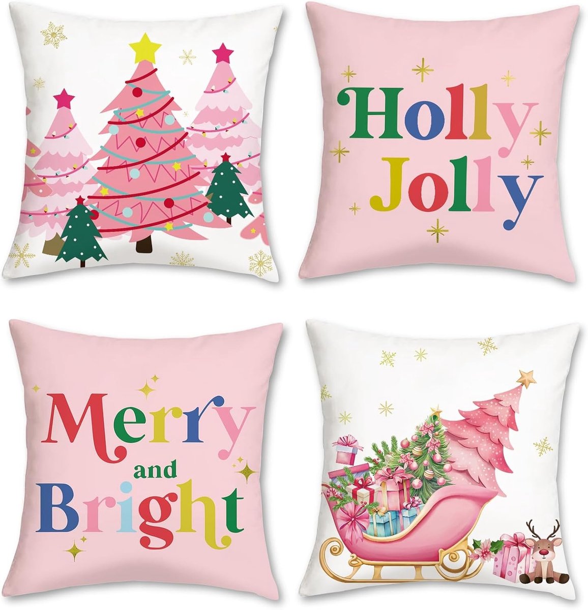 Set van 4 Roze Kerst Kussenhoezen met Slede, Kerstboom, Rendier en Sneeuwvlokken - Decoratieve Kussenhoezen voor Bank, Bed en Patio 45x45cm