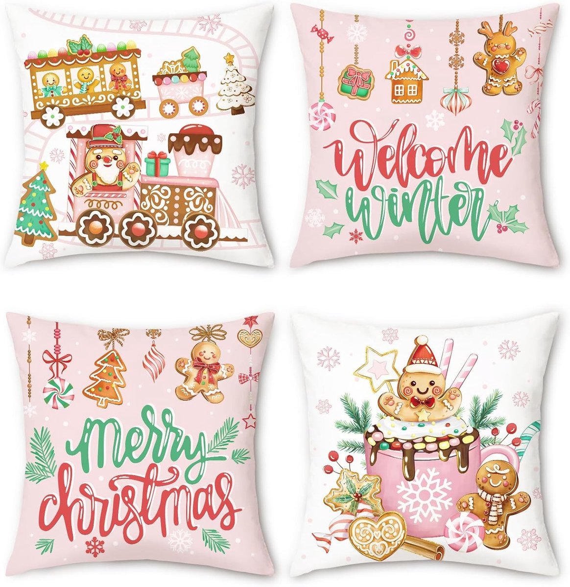 Kerst Kruidnoten Kussenhoezen, Roze Trein, Warme Cacao, Decoratieve Kussens voor Bank en Bed, Set van 4, 46 x 45 cm, Ideaal voor Winterse Feestdagen en Thuisdecoratie