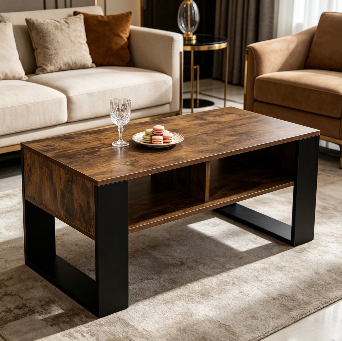COVREO Salontafel 90 x 45 x 45,5 cm zwart, bruin, houtlook met opbergruimte