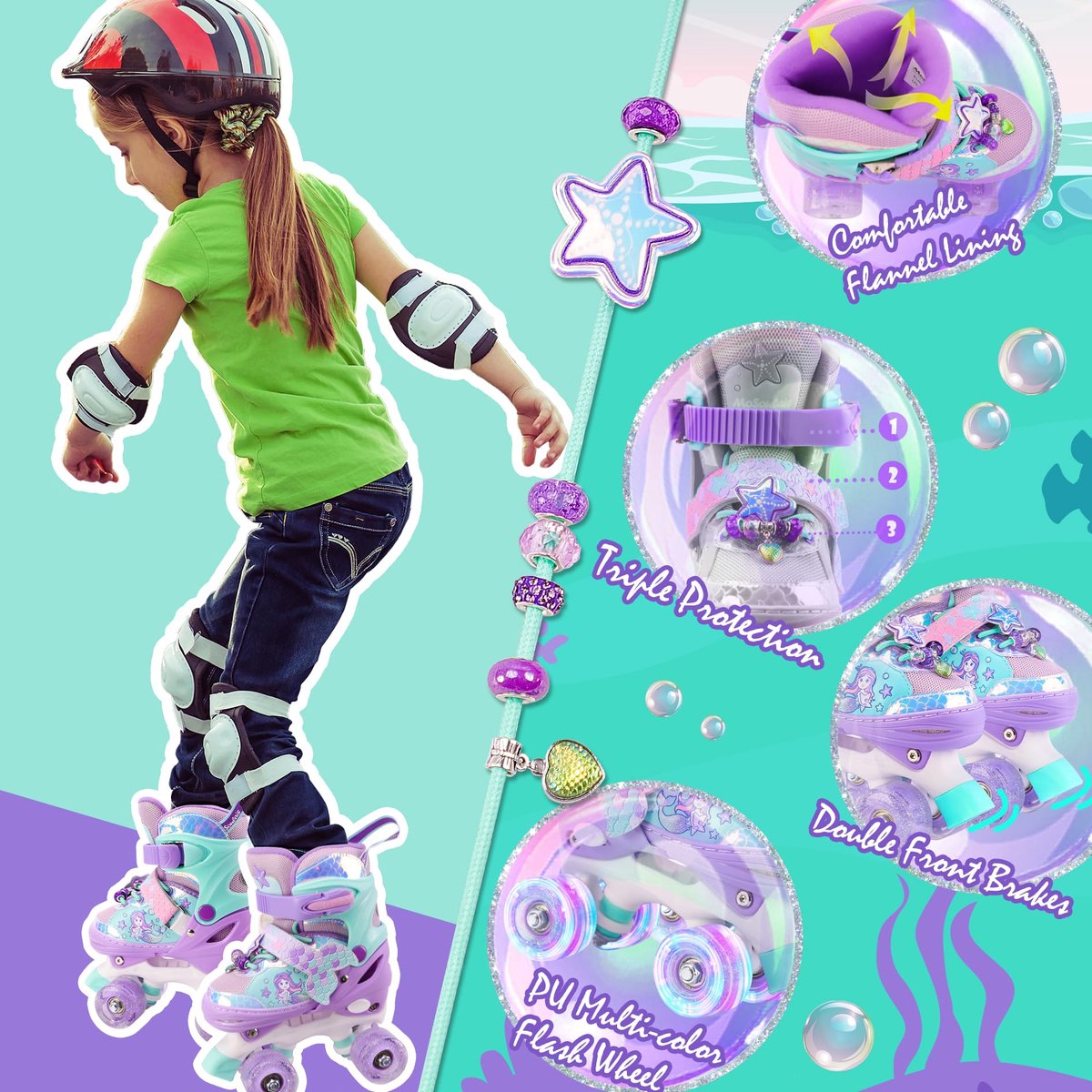 SnelShoppen Zeemeermin Rolschaatsen voor Meisjes Lichtgevende 4 Wielen Verstelbaar en Geschikt voor Beginners Purper XS Perfect voor K