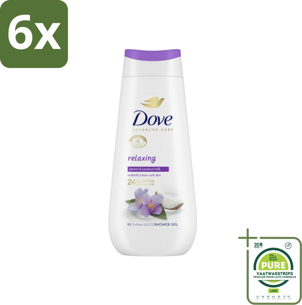 Dove Douchecrème - Relaxing - Kokos & Jasmijn - 225 ml - Voordeelverpakking - 6 stuks - Douchegel - Verzorgend