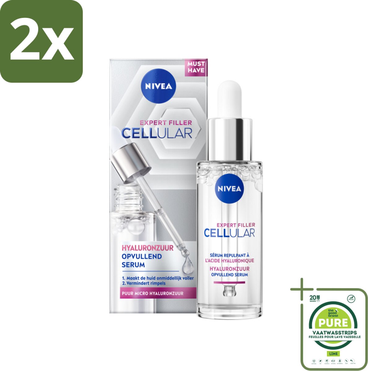 Nivea - Cellular - Expert Filler Hyaluronzuur Serum - Rimpelvullend en Hydraterend - 30 ml - Voordeelverpakking - 2 stuks - Rimpel serum - Hyaluronzuur serum