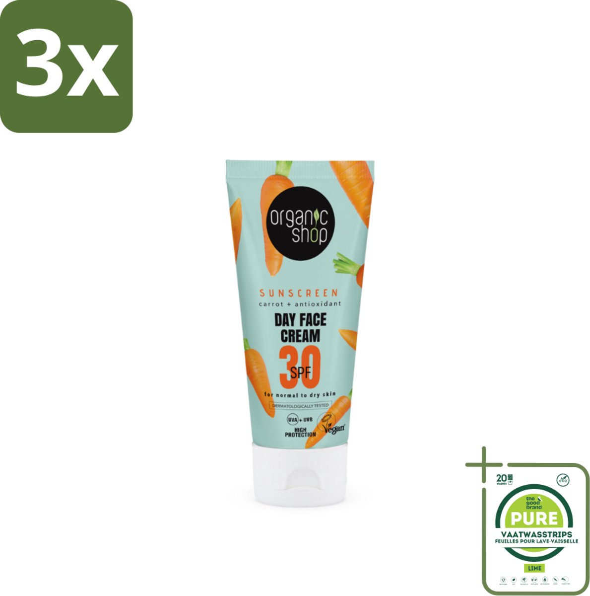 3 x Organic Shop - Zonnebrandcrème Gezicht SPF 30 - Normale Huid - 50 ml - Grootverpakking - Zonnebrandcrème - Gezichtscrème - SPF 30 - Normale Huid - Droge Huid