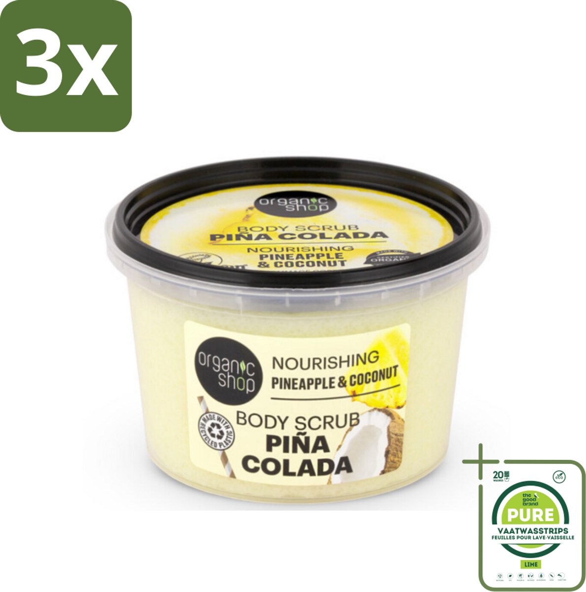 3 x Organic Shop - Body Scrub Pineapple & Coconut - Verfrissend en Voedend - 250 ml - Grootverpakking - Ananas Scrub - Kokos Scrub - Lichaams Scrub - Exfoliatie Scrub - Natuurlijke Scrub