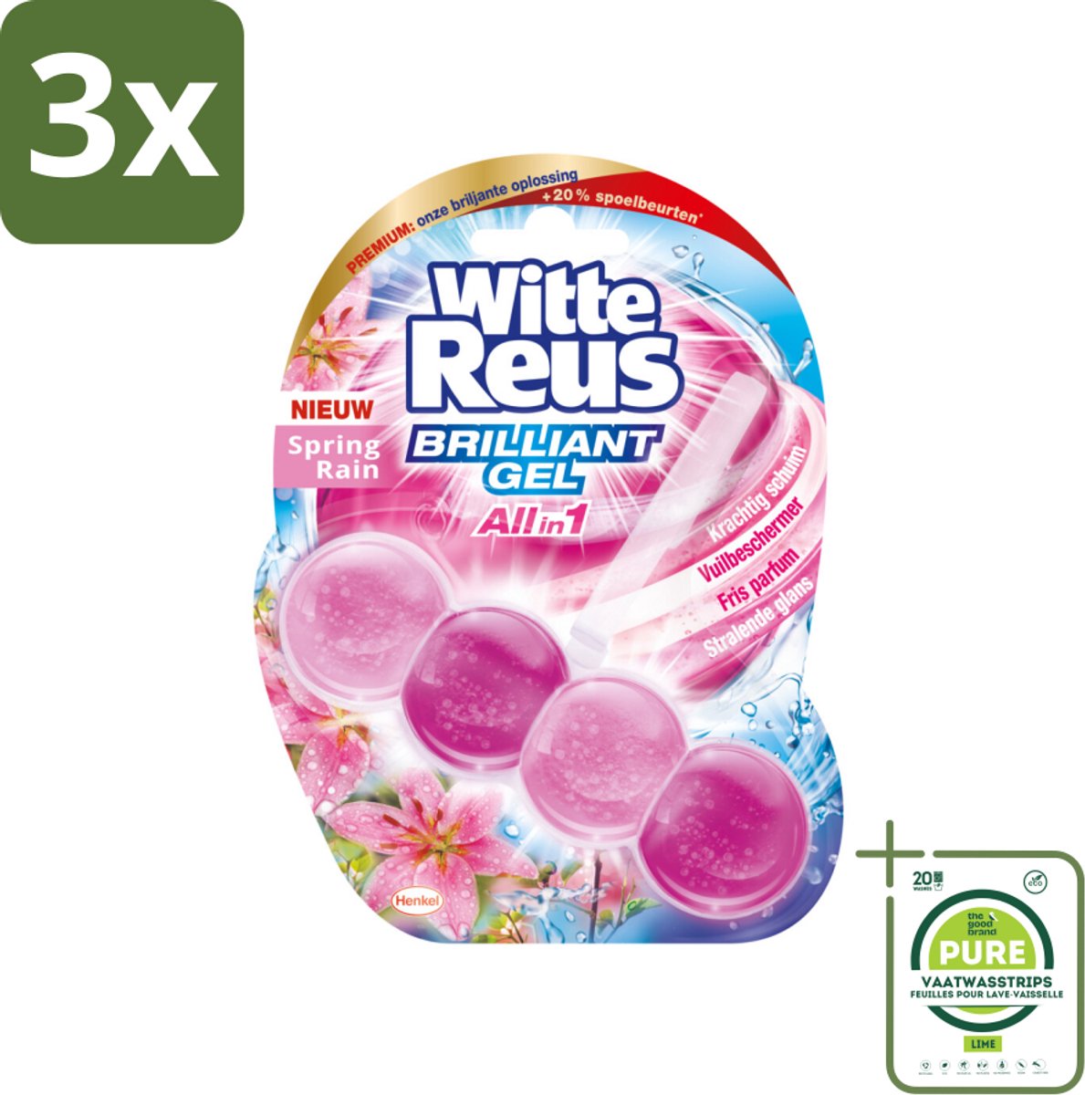 3 x Witte Reus - Toiletblok Brilliant Gel - Spring Rain - 1 Toiletblok - Grootverpakking - Toiletblok - Toiletreiniger - Gel Toiletblok - Frisse Geur - Lentegeur