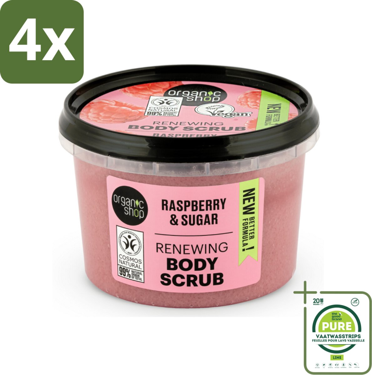 Organic Shop - Organic Raspberry & Sugar Body Scrub - Verfrissend en Peeling - 250 ml - Voordeelverpakking - 4 stuks - Organische scrub - Frambozen scrub