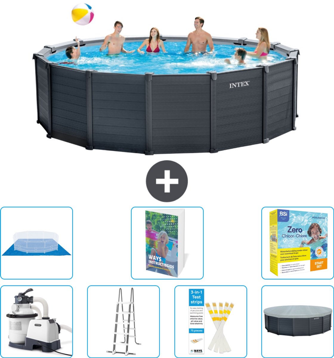 Intex Rond Graphite Gray Panel Zwembad - 478 x 124 cm - Inclusief Pomp - Ladder - Grondzeil - Afdekzeil - Onderhoudspakket - 8-delig