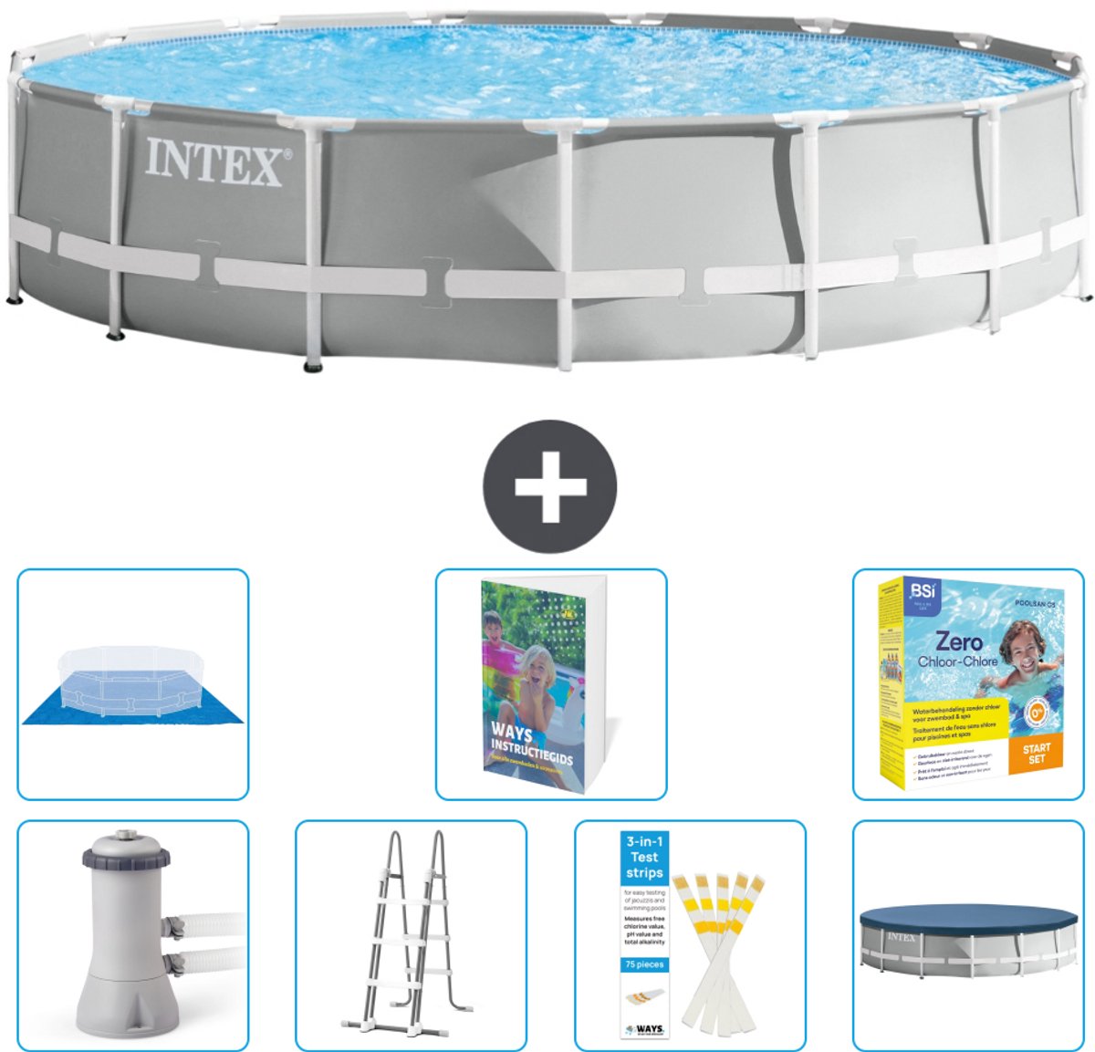 Intex Rond Prism Frame Zwembad - 457 x 107 cm - Grijs - Inclusief Pomp - Ladder - Grondzeil - Afdekzeil - Onderhoudspakket - 8-delig