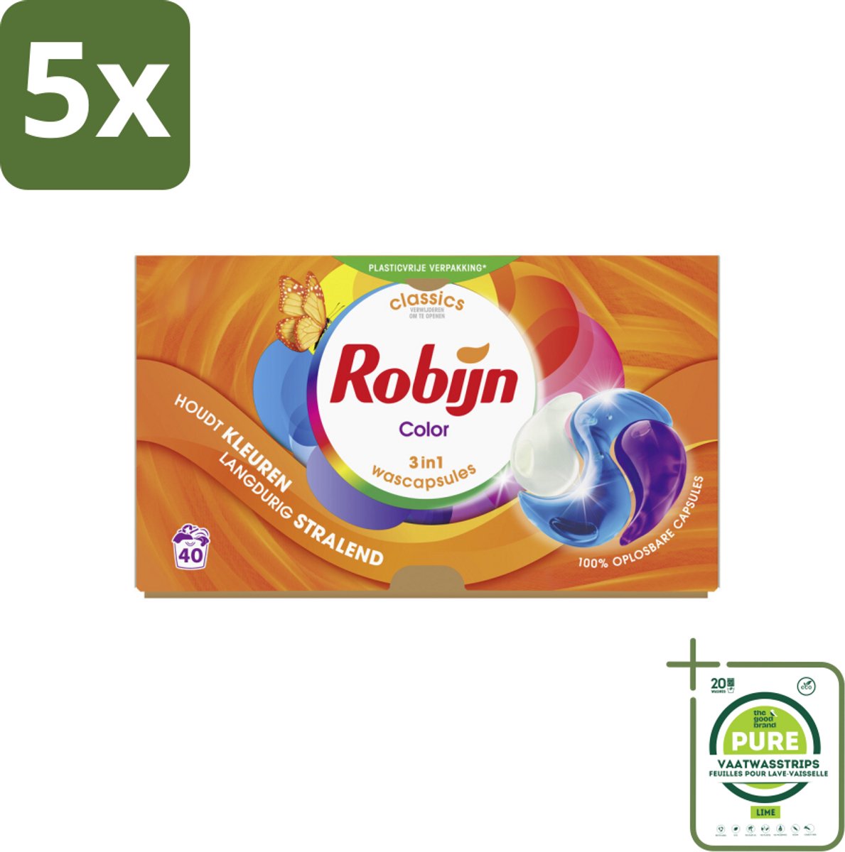 5 x Robijn - 3-in-1 Color - Wascapsules - 40 Wasbeurten - Grootverpakking - Wascapsules - Kleurwas - Wasmiddel - Wasverzorging - Wascapsules Kleur