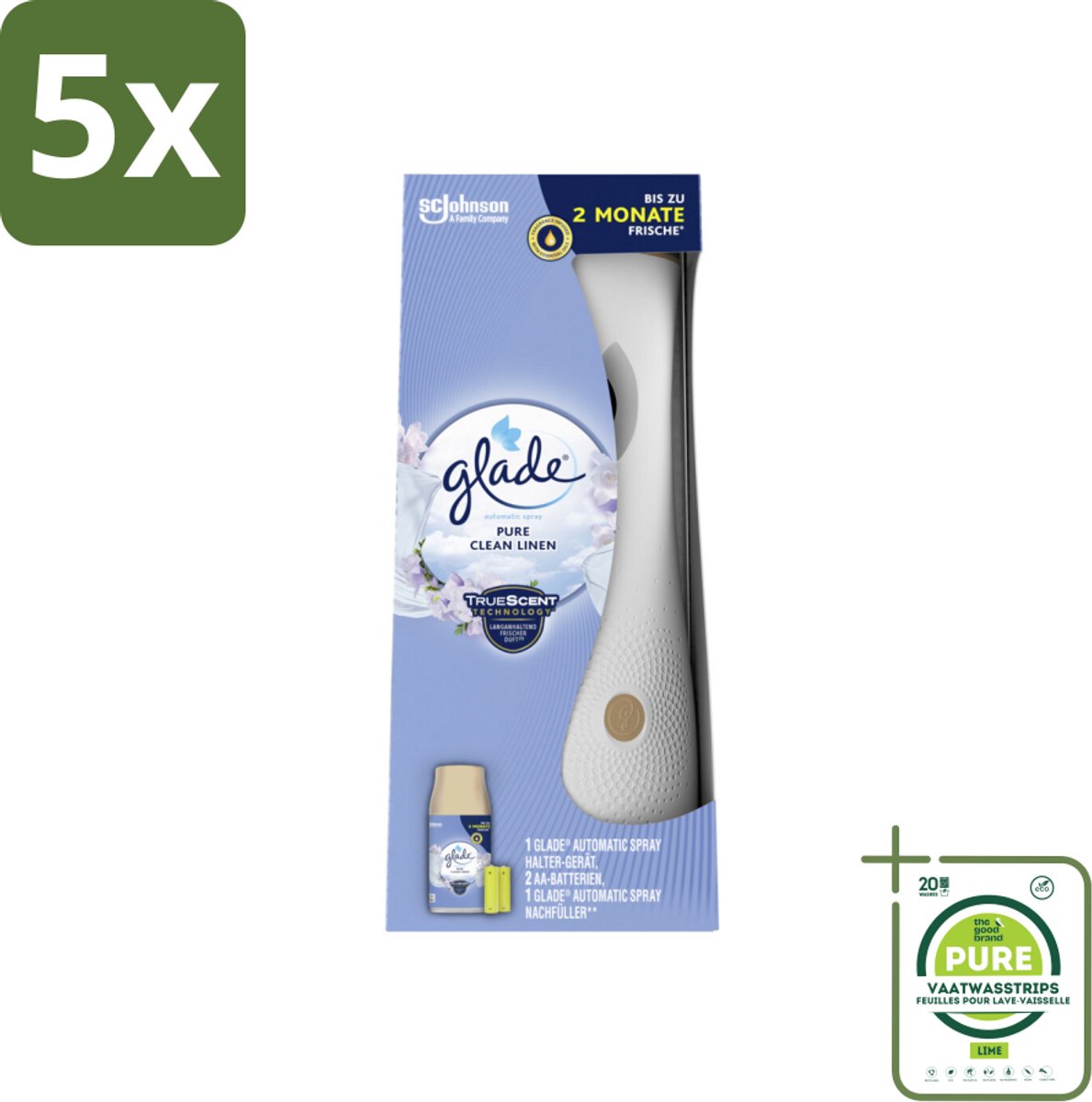 5 x Glade - Startset Automatische Spray - Pure Clean Linen - 269 ml - Grootverpakking - Luchtverfrisser - Geur - Huisparfum - Glade - Pure Clean Linen
