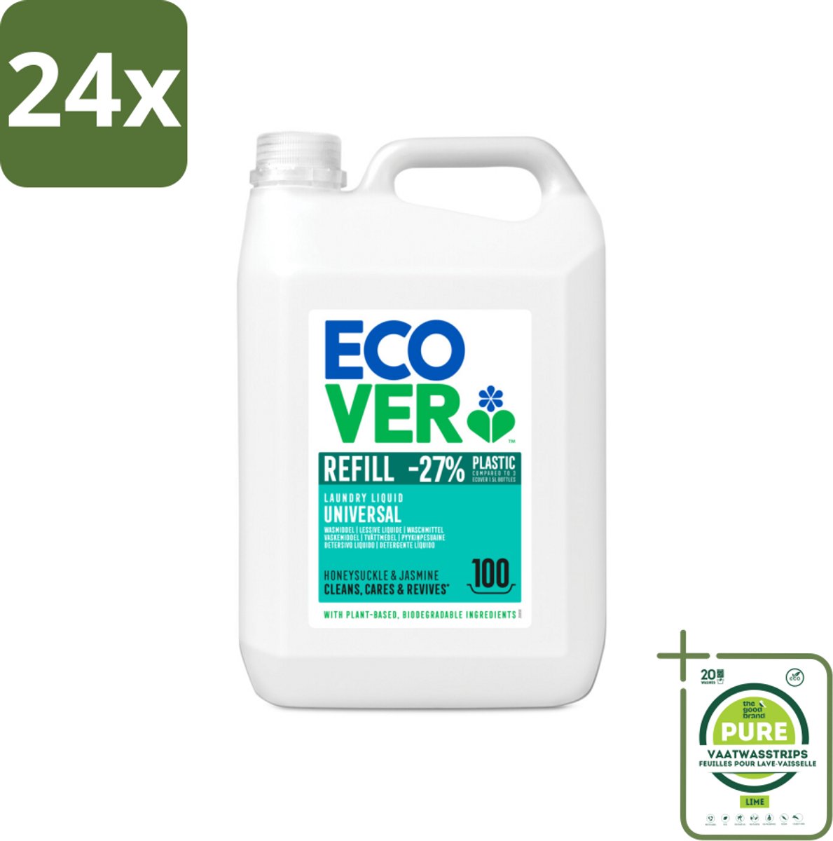 Ecover - Vloeibaar wasmiddel - Universeel - Kamperfoelie & Jasmijn - 5 liter - 100 wasbeurten - Voordeelverpakking - 24 stuks - Wasmiddel - Biologisch wasmiddel