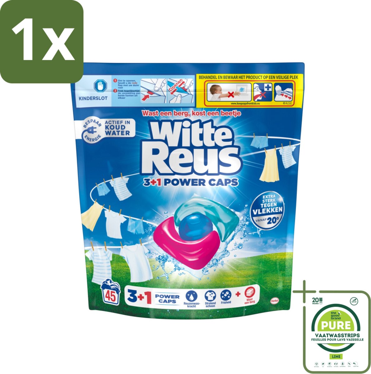 1 x Witte Reus - 3+1 Power Caps - Witte Was - 45 Wasbeurten - Wascaps - Wasmiddel - Wit Wasgoed - Lichtgekleurd Wasgoed - Vlekkenverwijderaar