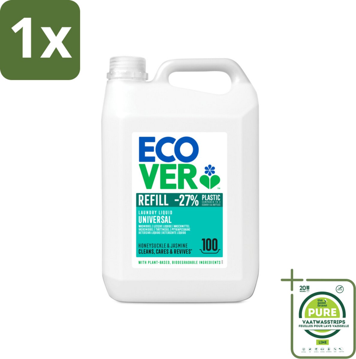 1 x Ecover - Vloeibaar wasmiddel - Universeel - Kamperfoelie & Jasmijn - 5 liter - 100 wasbeurten - Wasmiddel - Biologisch Wasmiddel - Plantaardig Wasmiddel - Vlekkenverwijderaar - Wasmiddel Kamperfoelie