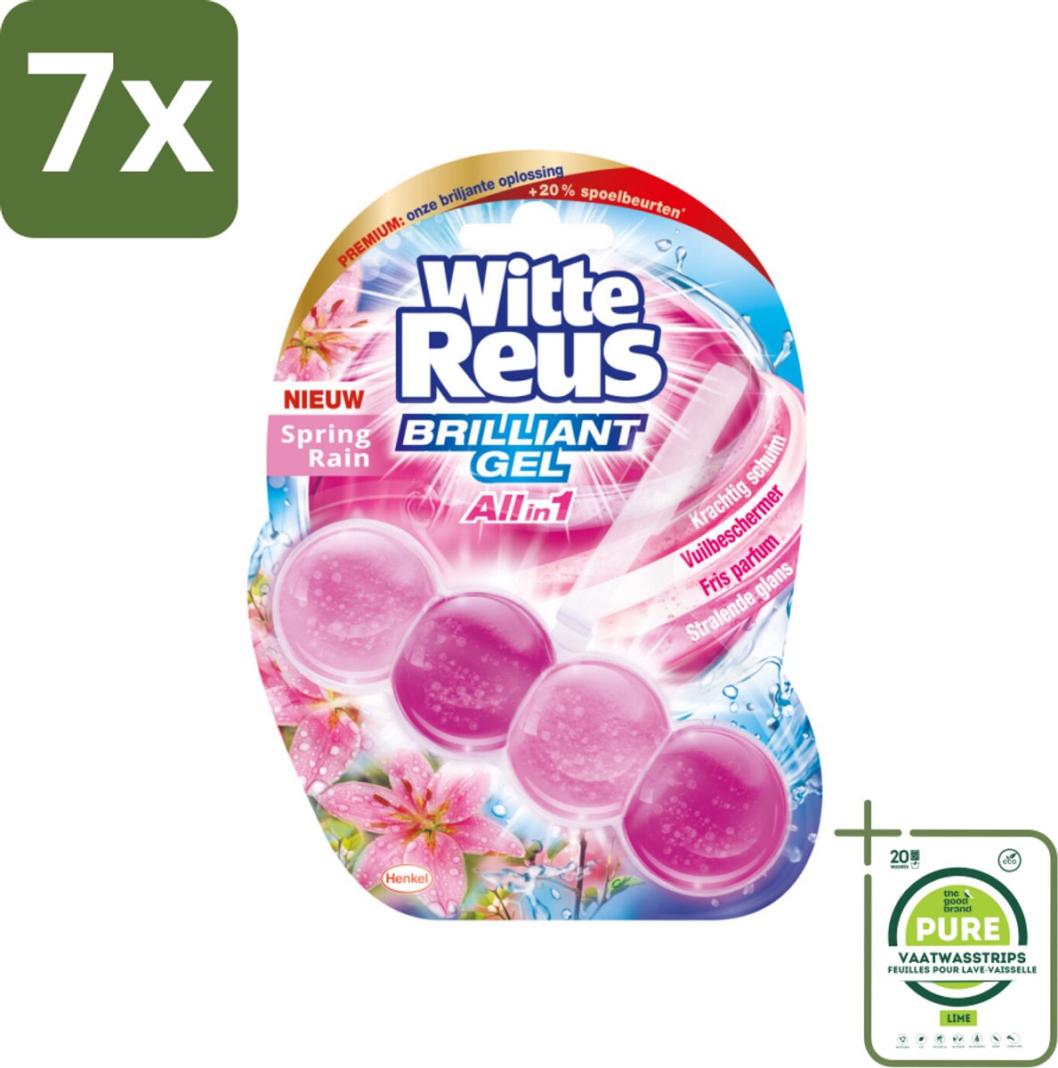 7 x Witte Reus - Toiletblok Brilliant Gel - Spring Rain - 1 Toiletblok - Grootverpakking - Toiletblok - Toiletreiniger - Gel Toiletblok - Frisse Geur - Lentegeur