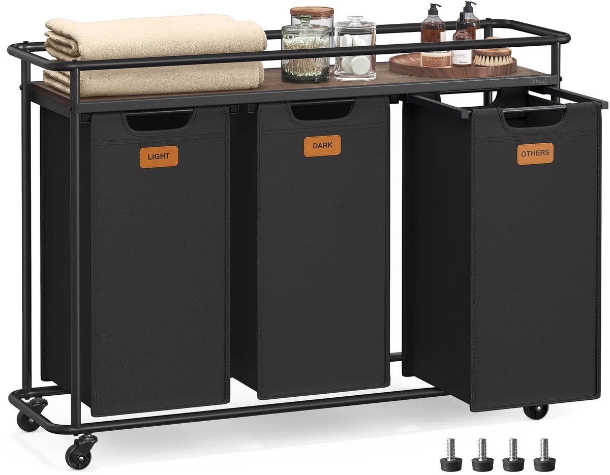 Gudalio Wasmand Kast - Wassorteerder - Opbergmand - 3 compartimenten - Uitschuifbaar met plank - 150 liter - Zwart-Bruin