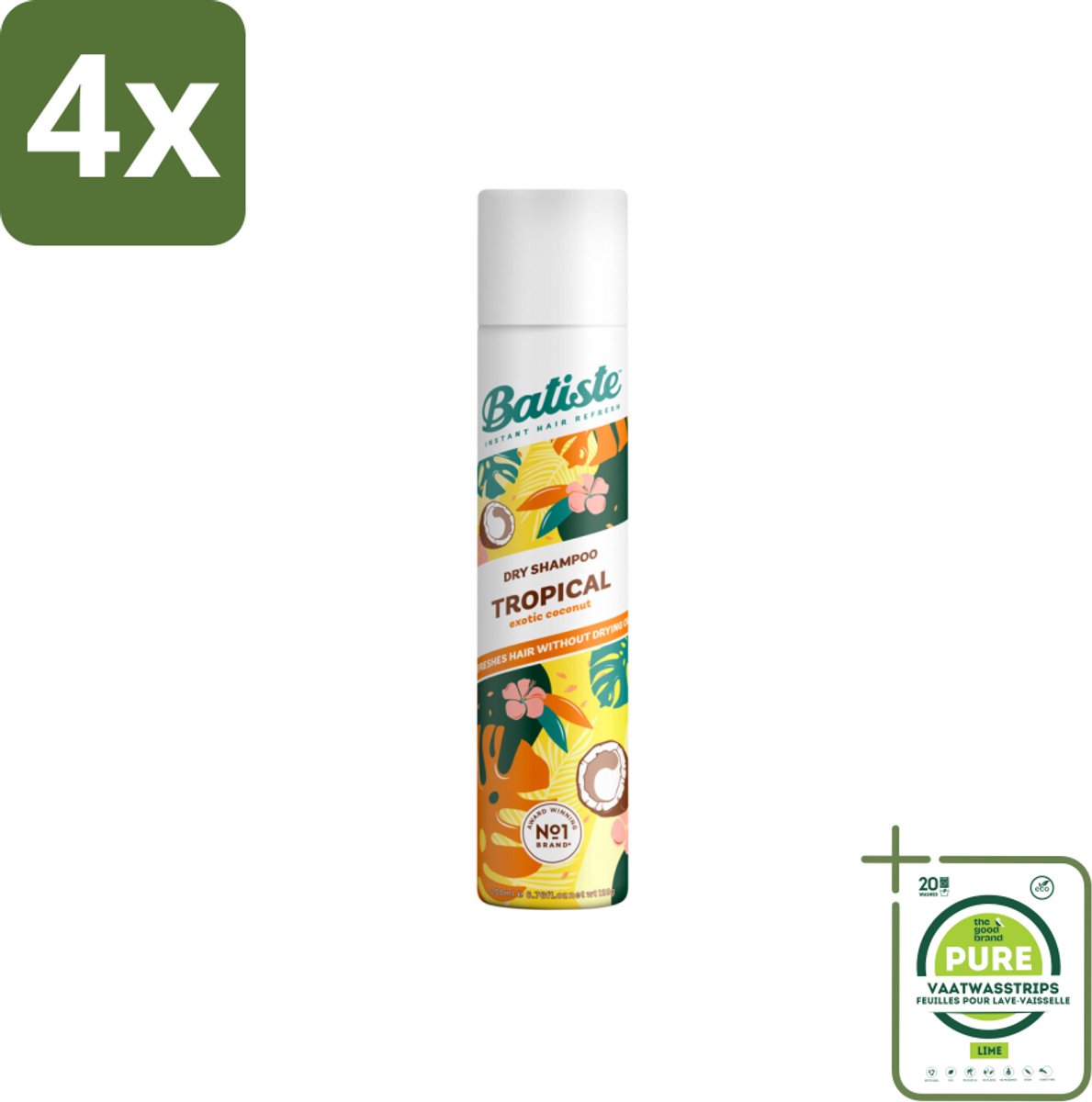 Batiste - Tropical - Droogshampoo - Tropische Geur - Verfrist en Stylet - 200ml - Voordeelverpakking - 4 stuks - Droogshampoo - Tropical geur