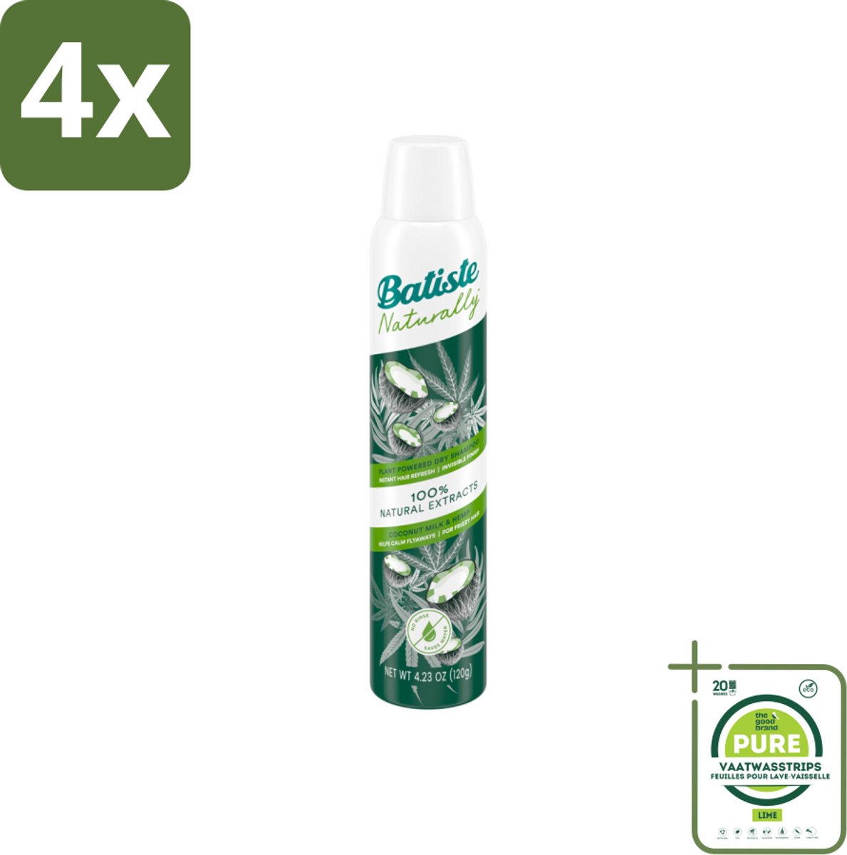 Batiste - Naturally Coconut Milk & Hemp Seed Oil - Droogshampoo - Anti-Pluis en Verfrist - 100% Natuurlijk - 200ml - Voordeelverpakking - 4 stuks - Droogshampoo - Kokosmelk