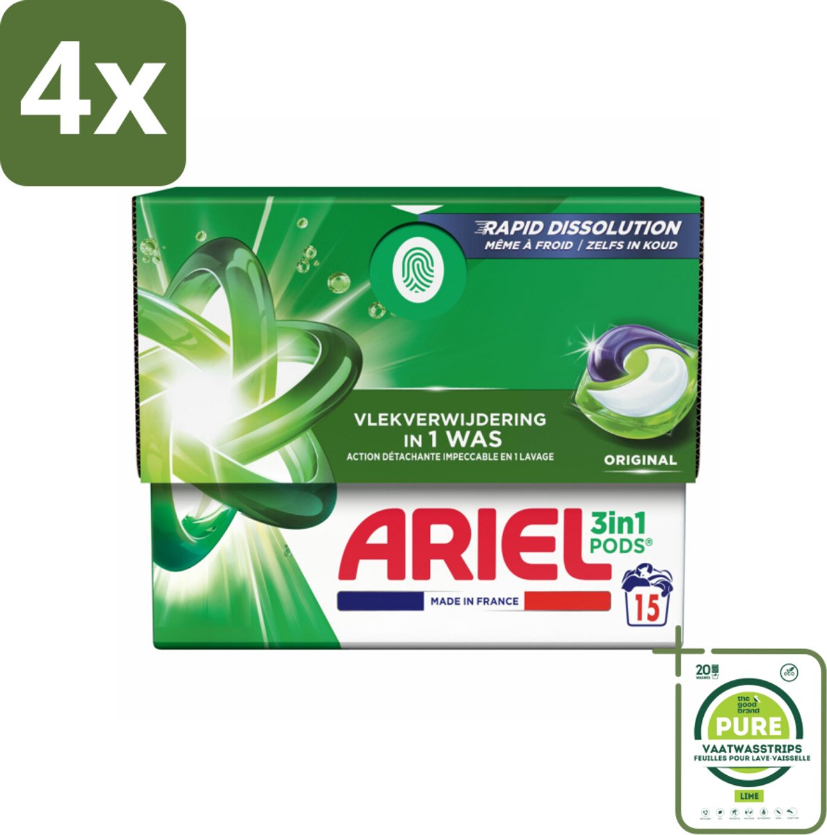 Ariel - 3in1 Wasmiddel Pods - Original - 15 Pods - Voordeelverpakking - 4 stuks - Ariel wasmiddel - Waspoeder