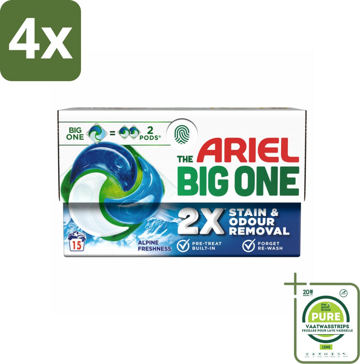 Ariel - 3in1 Wasmiddel Pods - The Big One - Alpine - 15 Pods - Voordeelverpakking - 4 stuks - Ariel wasmiddel - Wascapsules