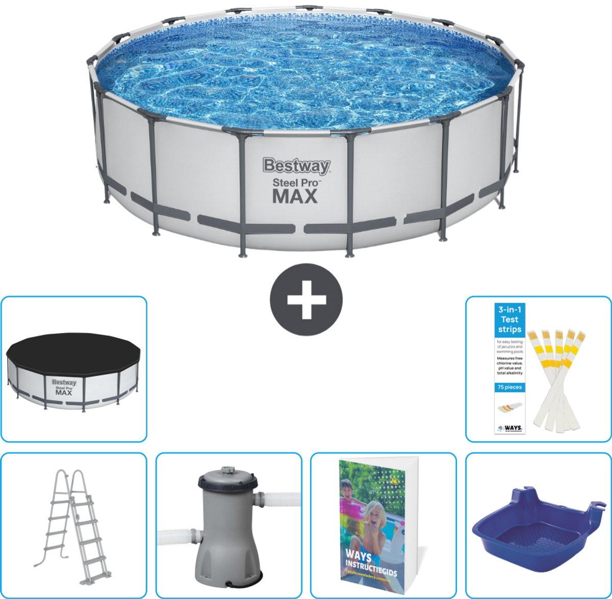 Bestway Rond Steel Pro MAX Zwembad - 457 x 122 cm - Grijs - Inclusief Pomp - Ladder - Afdekzeil - Voetenbad - 7-delig