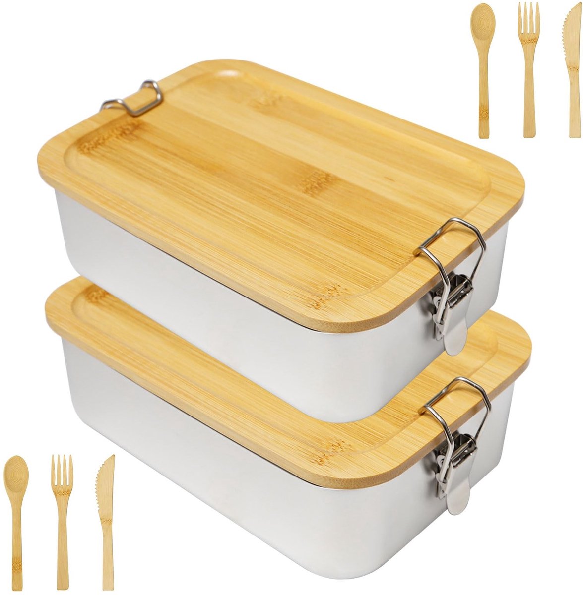 Omgoods - Set van 2 RVS Lunchboxen met Bamboe Deksel