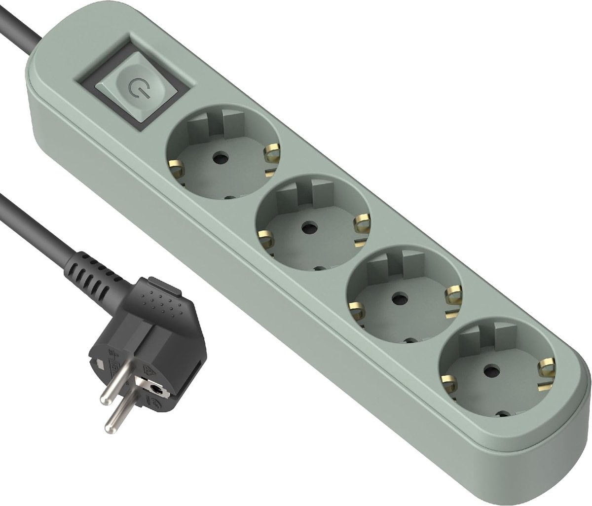 62424 Schuko stekkerdoos met 4 aansluitingen, 16A, met schakelaar, 1,5M kabel, groen/stekkerdoos met meerdere stopcontacten/tafelstekkerdoos