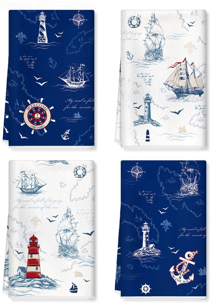 Omgoods - Nautische Keukenhanddoeken van Zacht Katoen, Set van 4