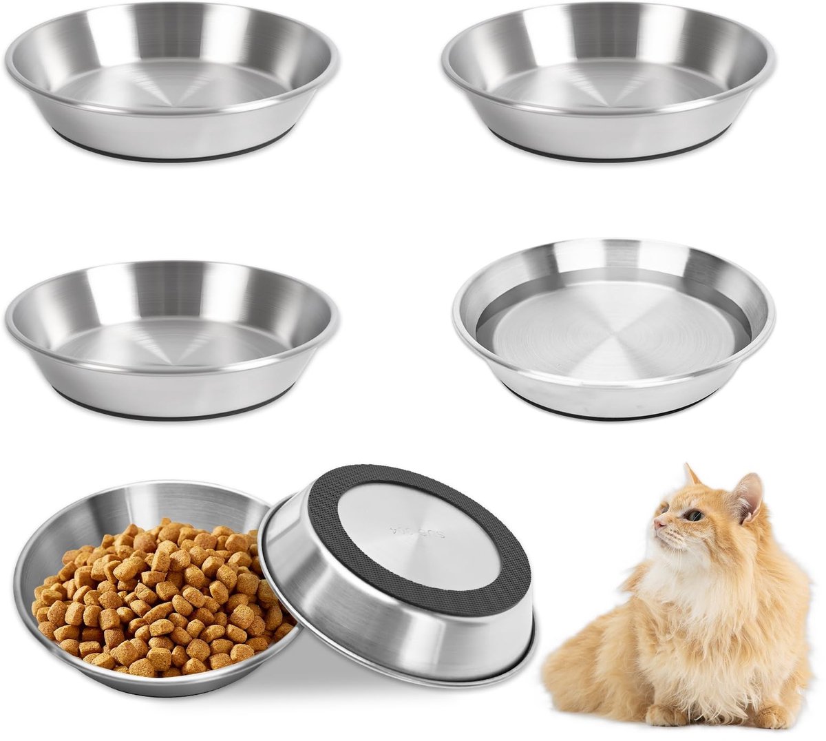 Omgoods - Set van 6 RVS Kattenvoer- en Waterbakken met Antislip Basis