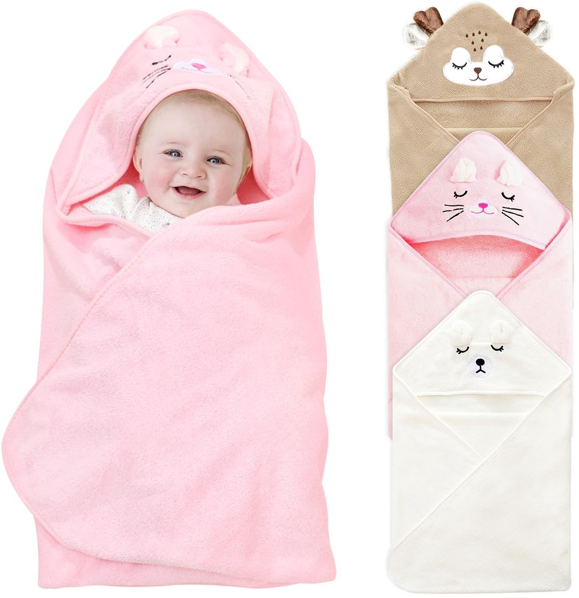 Omgoods - 3-delige Baby Badcape Set - Schattige Dier Motieven in Wit, Roze en Bruin