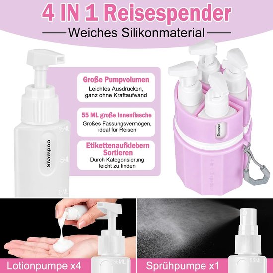 4-in-1 reisdispenser, navulbare reisflessenset, lekvrij, met zuignap voor gladde muren, reisflessen voor toiletartikelen, draagbaar voor zakenvluchten, reizen, sportschool (roze) — afbeelding 3