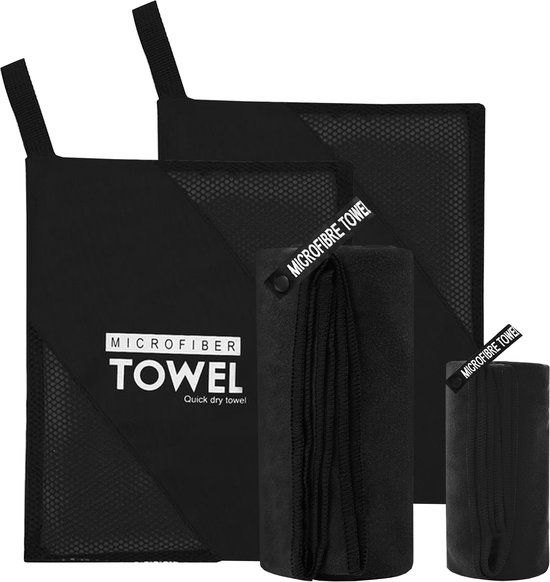 Zwarte YONO microfiber handdoek set met twee maten en een mesh tas.