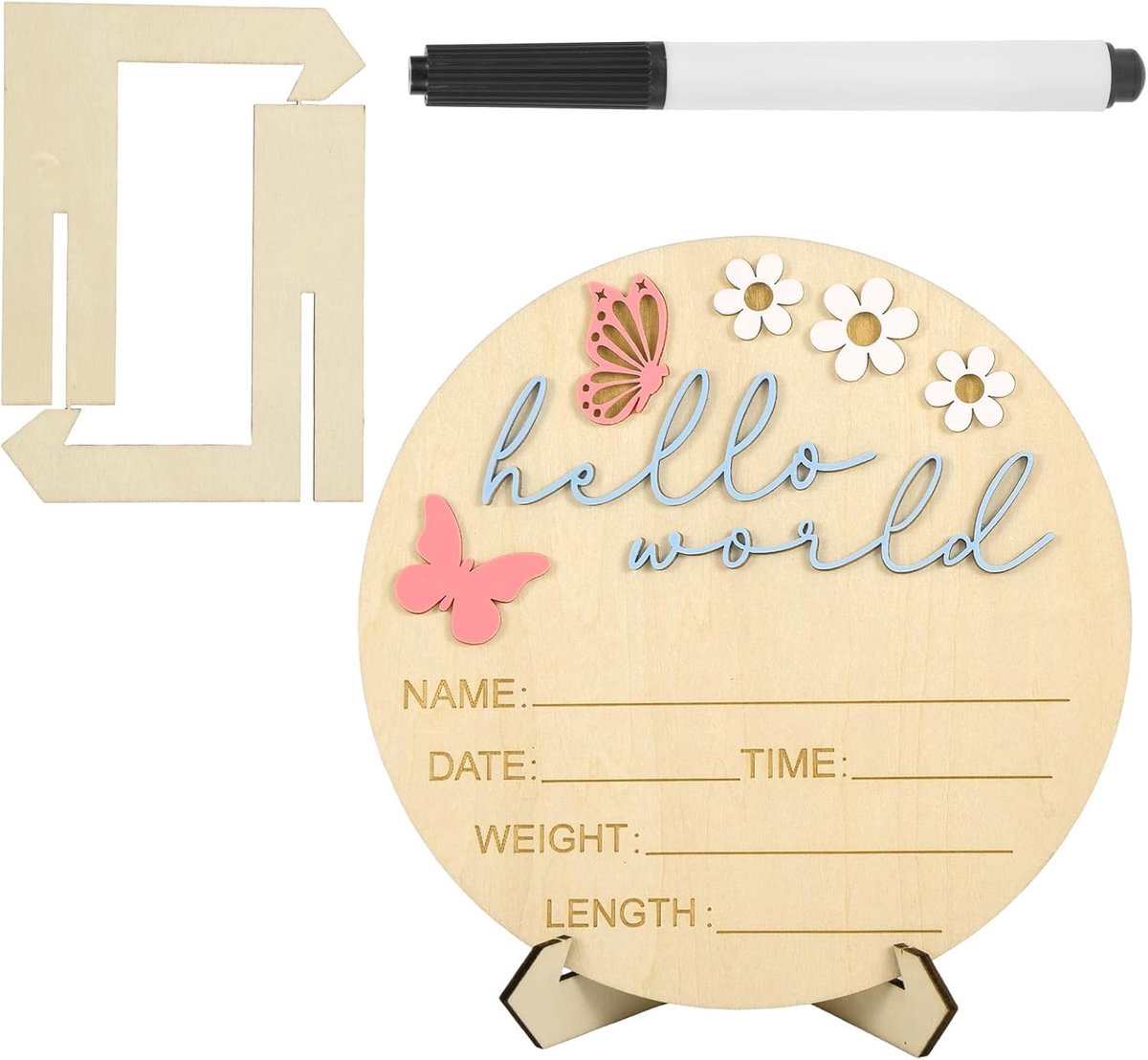 World Geboortebord, 15cm Houten Baby Aankondigingsbord met Beugel & Pen Welkombord voor Jongens Meisjes Baby Shower Foto Props Decor (Stijl 2)