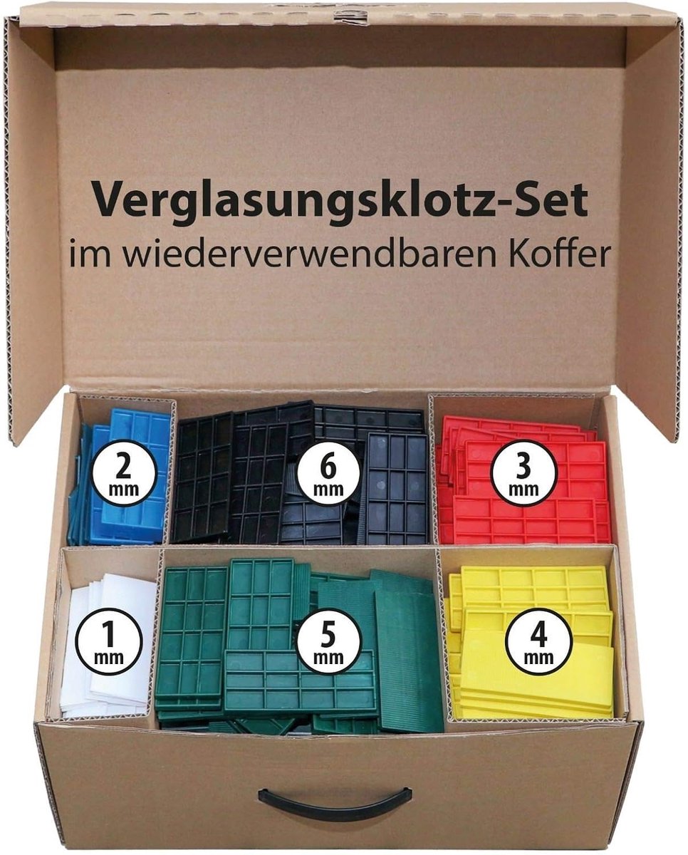 Afstandhouders kunststof set 100 x 24 x 1-6 mm in koffer beglazingsblokken assortiment blokken onderlegplaten afstandsplaatjes kunststof plaat compensatieplaten raamwiggen