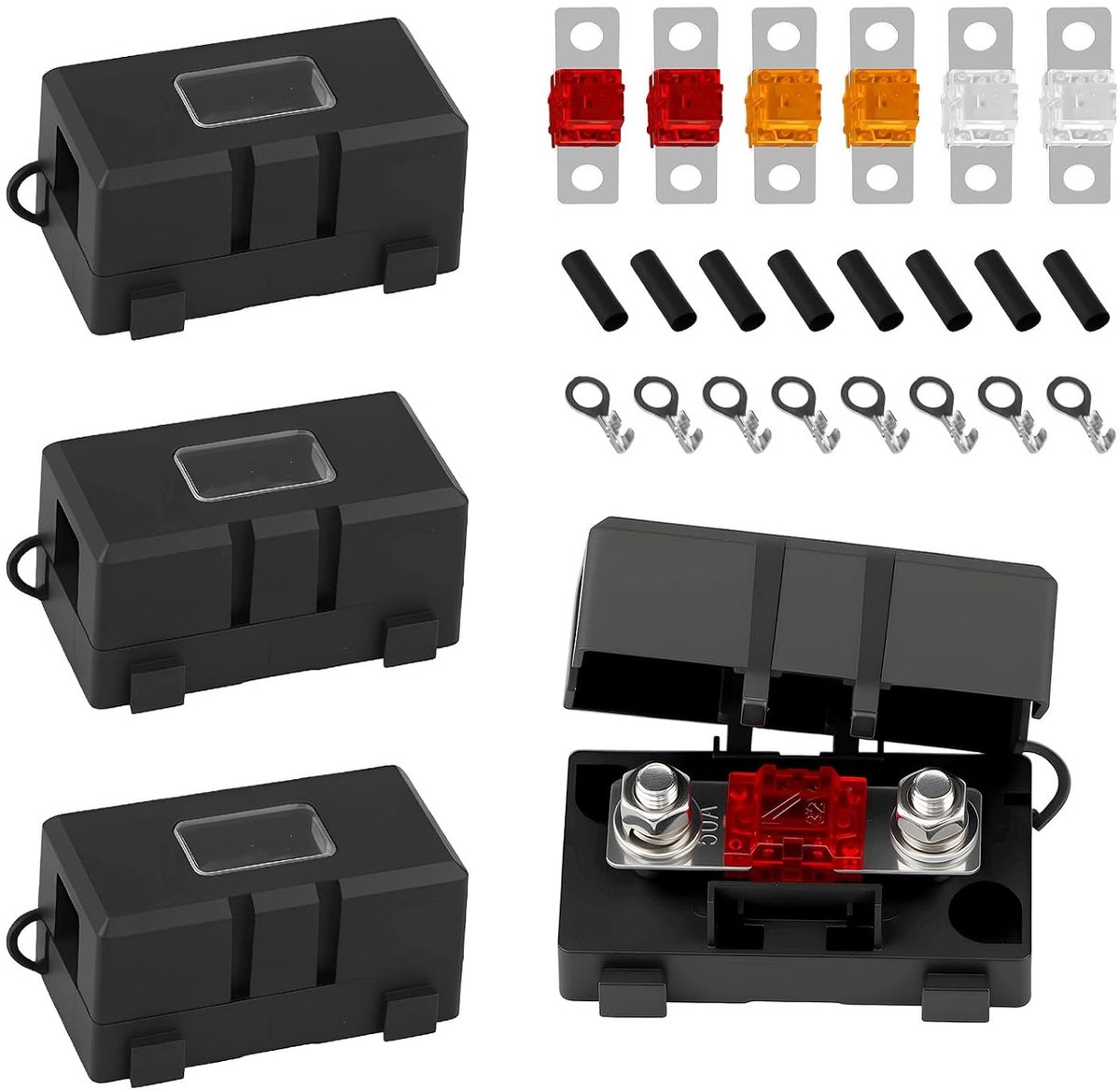 4 stuks Midi zekeringhouders met 40A/50A/80A zekering voor auto's | 6 stuks 40A/50A/80A zekeringen en 8 stuks klemschroefzekeringen voor vrachtwagens, campers, schepen, bussen, bouwvoertuigen