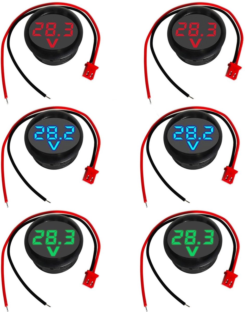 6 stuks Digitale voltmeter DC 4-100V, draadspanningsmeter 3-cijferige LED-weergave, spanningsindicator voor auto/motor/vrachtwagen/boot (rood & blauw & groen)