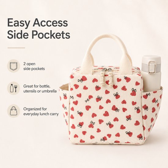 Rainbecom - Koeltassen - Lunchtas Koeltas 12L - Geïsoleerde Lunchbag van Corduroy met 2 Zijvakken - Voor Werk, Picknick, Reizen en Dagelijks Gebruik - 26 x 18,5 x 25 cm - Beige met Rode Hartjes van Rainbecom — afbeelding 3