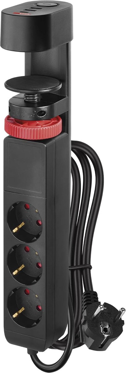 Verticale stekkerdoos 3-voudig met 2x USB-A-poort en 1x USB-C poort, USB-snel opladen, meervoudige stekkerdoos met tafelklem en schakelaar, 1,5 m kabel 1,5 mm2, verhoogde aanraakbeveiliging, voor